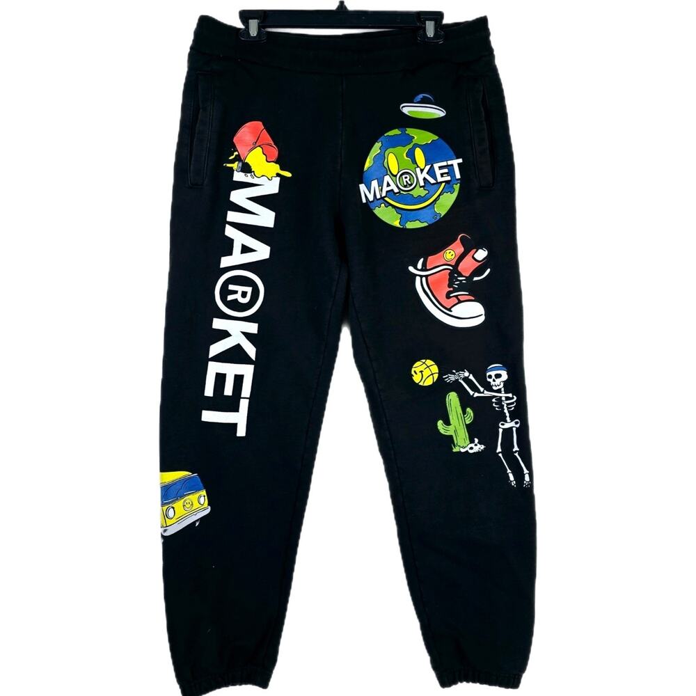 Market Smiley Black Sweatpants Sz Large Men's Collage Crocs Skeleton Casual AOP